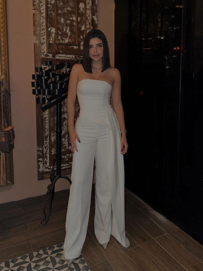 Carly – Elegant White Tube Top & High-Waisted Pants Set