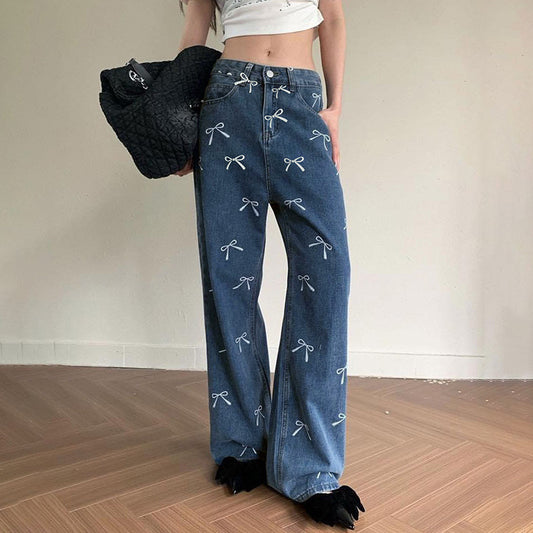 Megan – Vintage Bow Print Loose Jeans