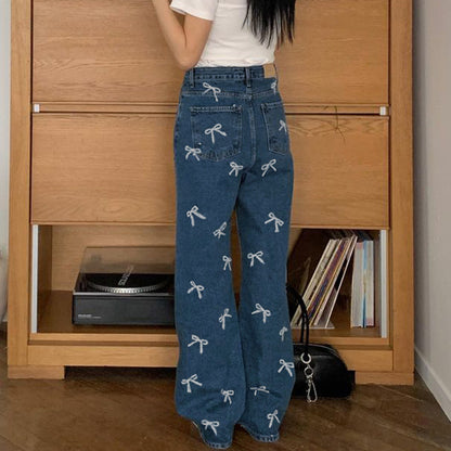 Megan – Vintage Bow Print Loose Jeans