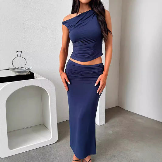 Heather – One-shoulder Pleated Top and Skirt Set